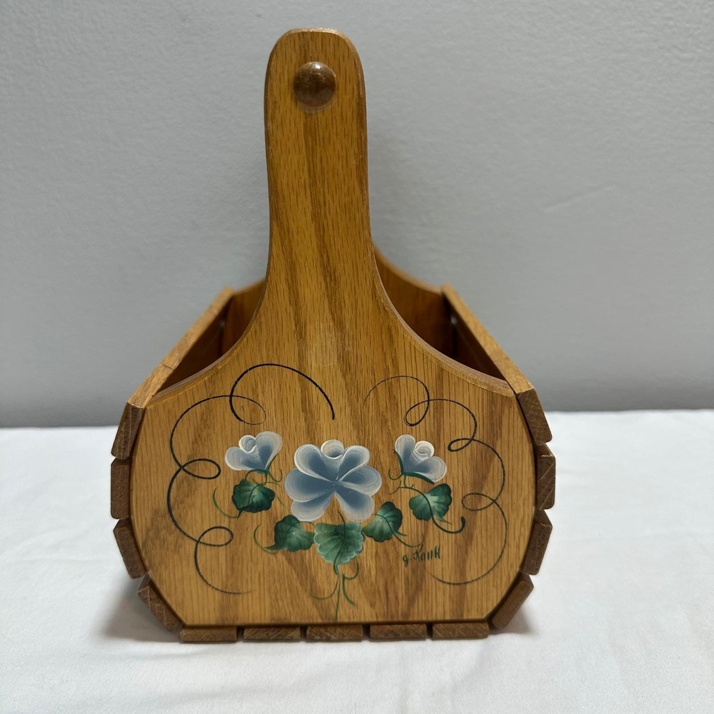Wooden Slat Basket Hand Painted Blue Floral Signed G Kauth Cottagecore Decor